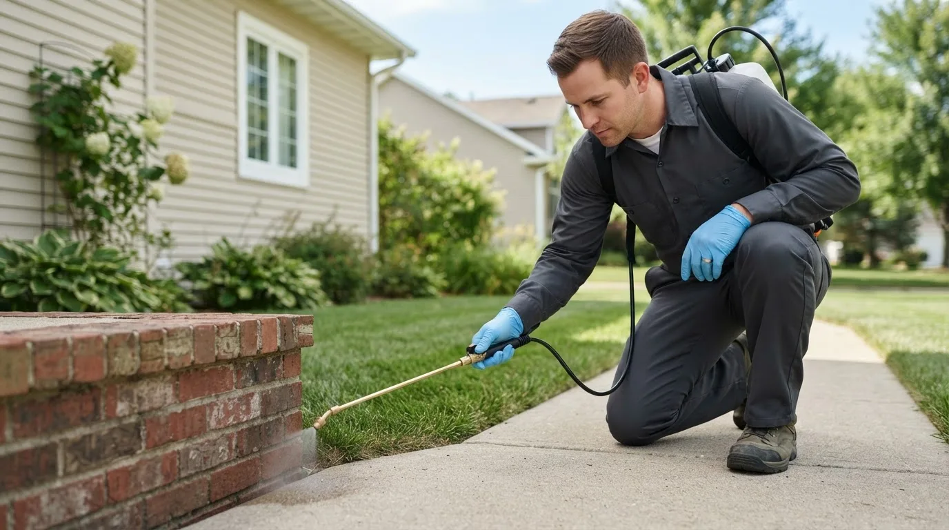 Pest control technician treating a home near Elizabeth, IL