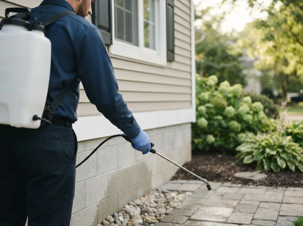 Pest control technician inspecting a home in Elizabeth, IL